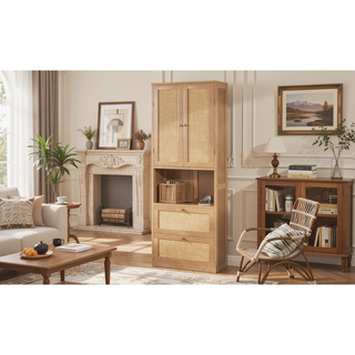 Sunvega Rattan Storage Cabinet with USB Ports and 3 Drawers for Bedroom