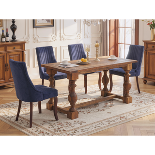 Sunvega Blue Rayon Cloth Flocking Linen Dining Chairs with High Backrest and Solid Wood Legs, Set of 2