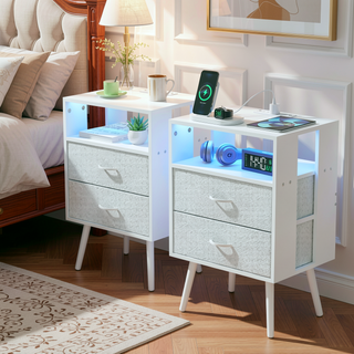 Sunvega Modern Nightstand with Charging Station, LED Light and Fabric Drawers