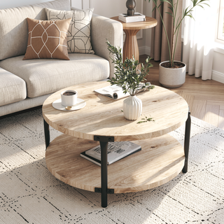 Sunvega Modern Minimalist Round MDF Double-Layer Coffee Table with Open Storage