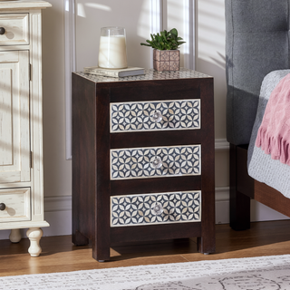 Sunvega Handcrafted Mango Wood Nightstand with Buffalo Bone Inlay and Three Drawers
