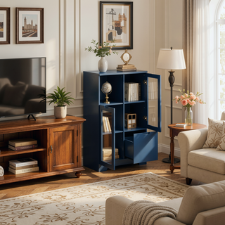 Sunvega Green MDF Cabinet with Glass Doors and Drawer for Bedroom Living Room