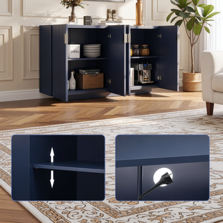 Sunvega Antique Navy Buffet Cabinet with 4 Fluted Doors and Adjustable Shelves