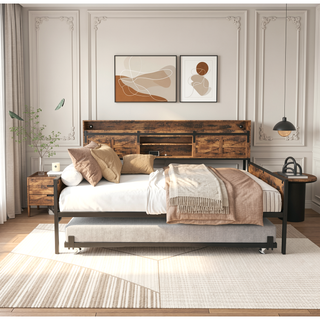 Sunvega Twin Daybed with Trundle Farmhouse Frame Sliding Barn Door Headboard Charging Station