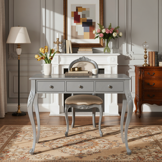 Sunvega Elegant Makeup Vanity Desk with Oval Mirror and 3 Drawers for Bedroom