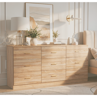 Sunvega Modern Black 9-Drawer Dresser with Golden Handles for Bedroom Storage