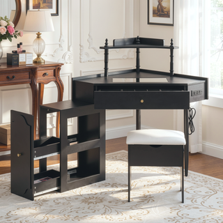 Sunvega Corner Vanity Desk Set with Storage Stool Charging Station and Glass Tabletop