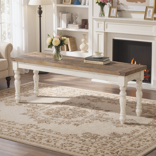 Sunvega Two-Tone Antique White and Distressed Oak Upholstered Dining Bench
