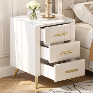 Sunvega Upholstered Velvet Nightstand with 3 Drawers and Marbling Worktop