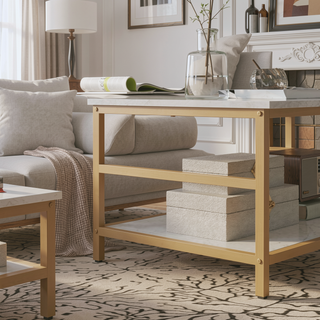 Sunvega Faux Marble and Gold Steel Frame 2-Tier Storage Coffee Table Set of 2