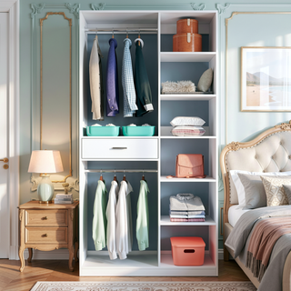 Sunvega Freestanding Closet System with 6 Open Shelves 2 Hanging Rods and 1 Wood Drawer