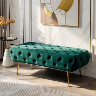 Sunvega Green Velvet Button Tufted Bench with Gold Metal Legs for Bedroom