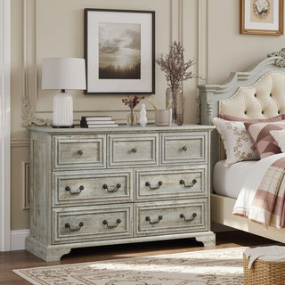 Sunvega Vintage Farmhouse Dresser with 7 Drawers and Antique White Finish