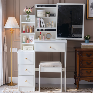 Sunvega Small Space Left Bedside Cabinet Vanity Table with Cushioned Stool and Sliding Mirror