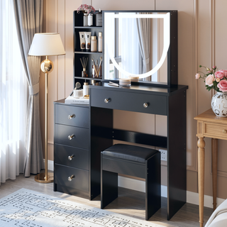 Sunvega 37 Inch Left Bedside Cabinet Vanity Table with Cushioned Stool and Sliding Mirror