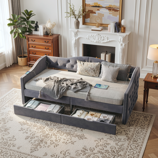 Sunvega Upholstered Twin Daybed with Storage Drawers and Mid-Century Wood Frame