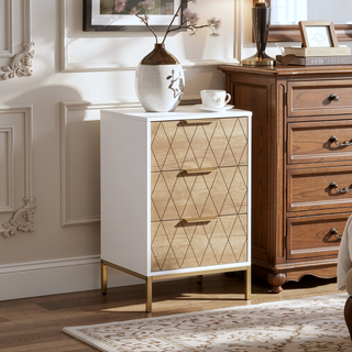 Sunvega Mid-Century Modern Nightstand with Wavy Drawer Panels and Gold Metal Accents