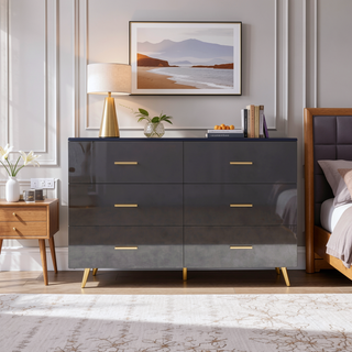 Sunvega High Glossy Black Dresser with Golden Handles and 6 Large Drawers