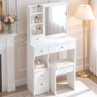 Sunvega Small Space Vanity Table with Cushioned Stool and Extra Large Sliding Mirror