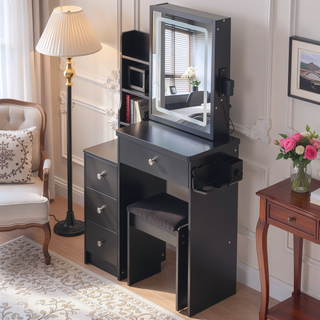 Sunvega Small Size Left Bedside Vanity Table with Cushioned Stool and Touch LED Mirror