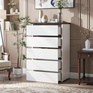 Sunvega Modern 5 Drawer Dresser with White & Walnut Finish for Bedroom