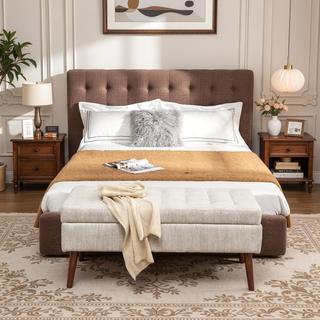 Sunvega Tufted Beige Storage Ottoman Bench with Safety Hinge for Bedroom