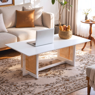 Sunvega Chinese Style White Solid Wood and Imitation Rattan Rectangular Coffee Table