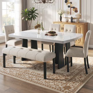 Sunvega Modern Tufted Linen Dining Bench with Black Rubber Wood Legs for Kitchen Entryway