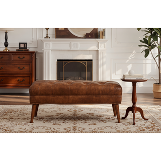 Sunvega Solid Mango Wood Brown Buffalo Leather Upholstered Bench with Deep Button
