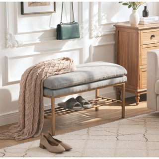 Sunvega Linen Upholstered Storage Bench with Shelf and Metal Legs for Bedroom Entryway