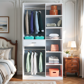 Sunvega Freestanding Closet System with 6 Open Shelves 2 Hanging Rods and 1 Wood Drawer