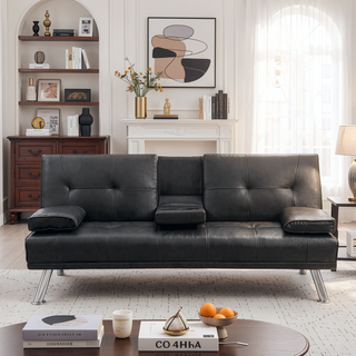 Sunvega Modern Faux Leather Convertible Sofa Bed with Cup Holders and Adjustable Backrest