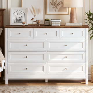 Sunvega White Wood Rustic Storage Dresser with 9 Silver Handle Drawers