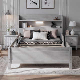 Sunvega Antique Grey Twin Size Wood Platform Bed with Storage Headboard and LED Light