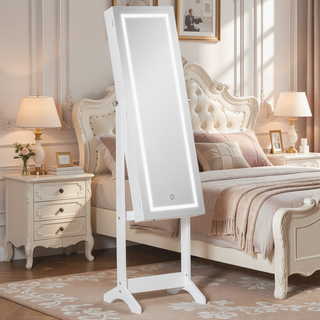 Sunvega Freestanding LED Jewelry Cabinet with Lockable Mirror and Ample Storage
