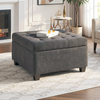 Sunvega Fabric Ottoman with Tufted Waffle Lid and Soft-Closing Hinges for Storage