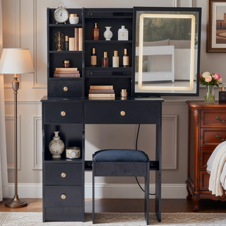 Sunvega Small Space Vanity Table with Cushioned Stool and Extra Large Sliding Mirror