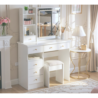 Sunvega Small Size Left Drawer Vanity Table with Cushioned Stool and LED Mirror