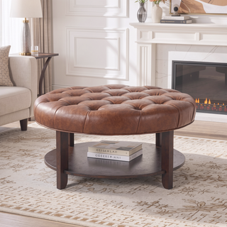 Sunvega Round Ottoman with Faux Leather Upholstery and Open Shelf for Living Room