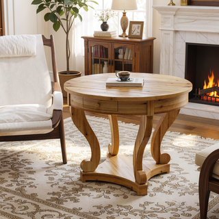 Sunvega Small Round Natural Wood Side Table with Two Storage Drawers