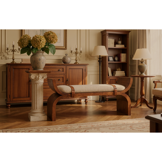 Sunvega Handcrafted Solid Mango Wood Stirrup Curve Sculptural Bench in Amber Oak