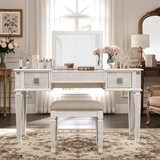 Sunvega Mirrored Vanity Desk with Stool, Flip Up Mirror and Drawers for Bedroom Makeup Room
