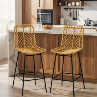 Sunvega Set of 4 Rattan Bar Stools with Breathable Wicker Seat and Back for Kitchen