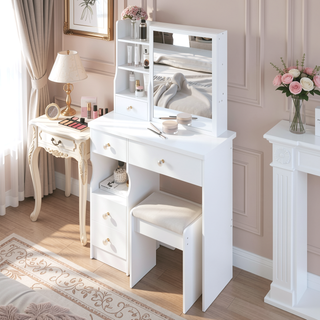 Sunvega Small Size Left Drawer Desktop Vanity Table with Cushioned Stool