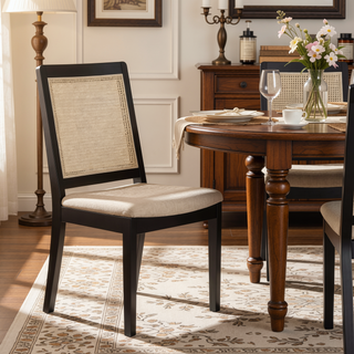 Sunvega Modern Solid Wood Dining Chair with Inset Rattan Back Panel and Adjustable Foot Levelers