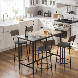 Sunvega PU Upholstered Bar Table Set with 4 Backrest Stools and Iron Frame