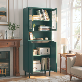 Sunvega Tall Storage Bookcase with 4 Adjustable Shelves and Tempered Glass Doors
