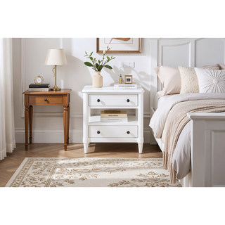 Sunvega White Finish Open Nightstand With 2 Storage Drawers and Custom Hardware