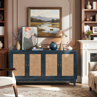 Sunvega Handcrafted Premium Grain Rattan Sideboard Storage Cabinet with 4 Doors