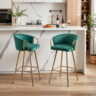 Sunvega 30 Inch Set of 2 Velvet Bar Stools with Chrome Footrest and Golden Leg